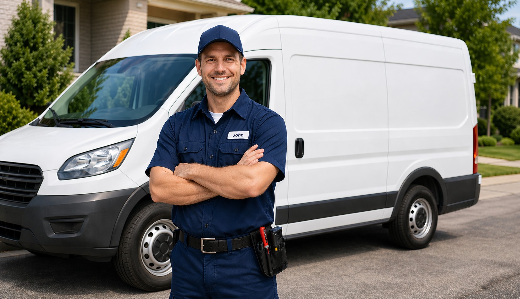 Service technician standing in front of a company van